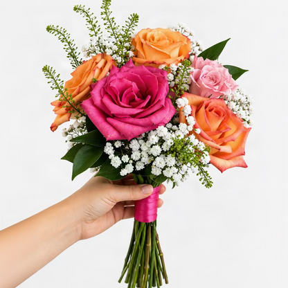 A hand holding a vibrant flower bouquet featuring pink and orange roses, baby's breath, and green foliage, wrapped with a bright pink ribbon.