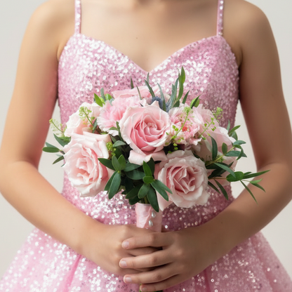 Person wearing a pink sequin dress holding a bouquet of pink roses for homecoming dance in Florence, Kentucky 