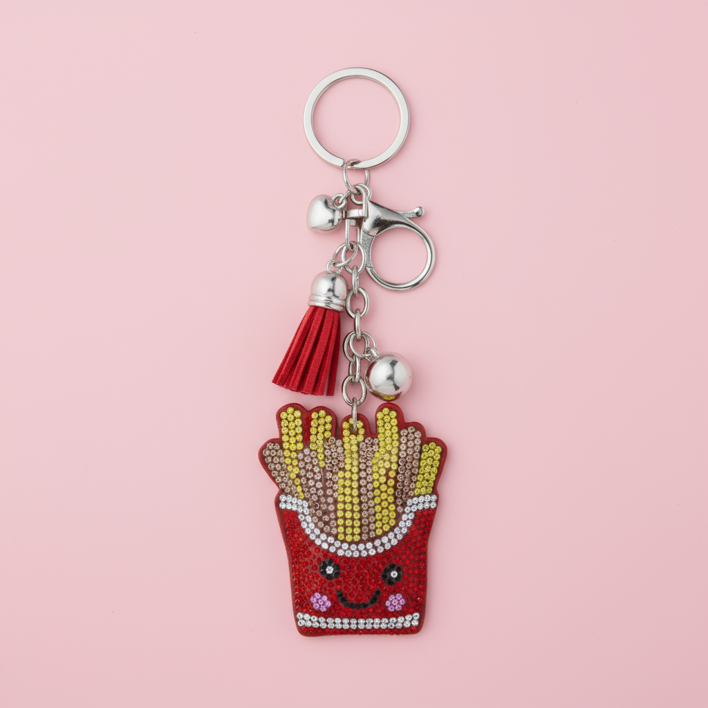 Keychain with a design of French fries on a pink background