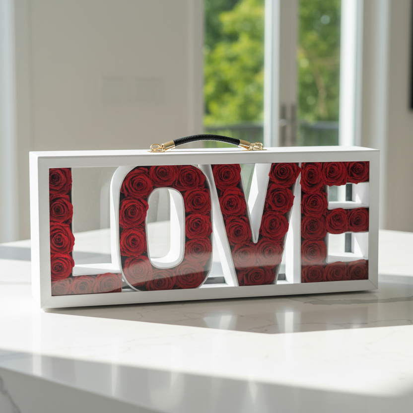 Decorative sign with 'LOVE' spelled out using red roses on a white countertop for Valentine flower delivery in Cincinnati from Flair Flower Bar in Florence, Ky.