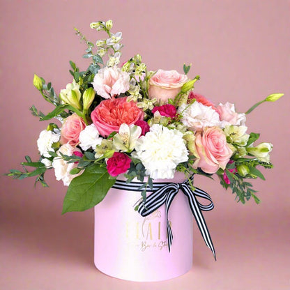 Flair Flower Bar Arrangement in Pink Box with Flair Logo