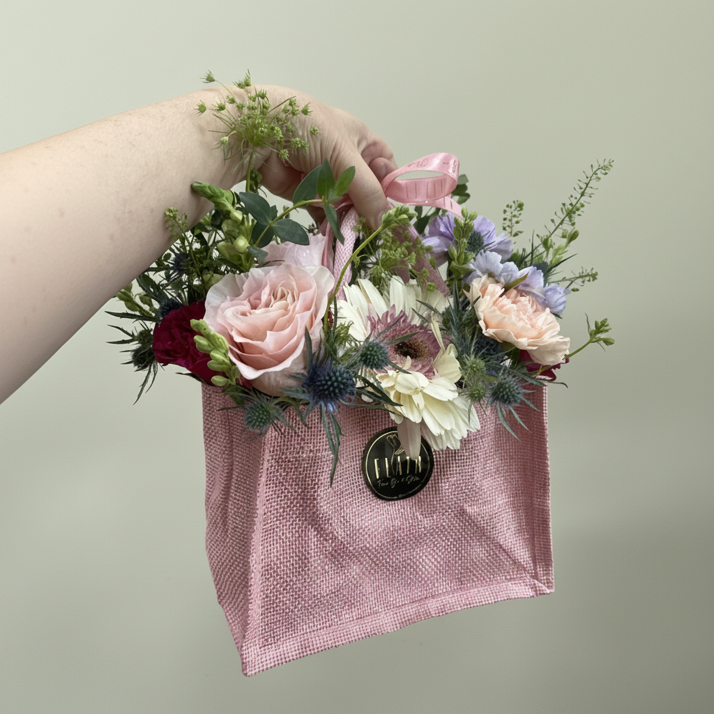 La Petite Tote Arrangement - Designer's Choice Pink textured bag with a floral arrangement on a plain background