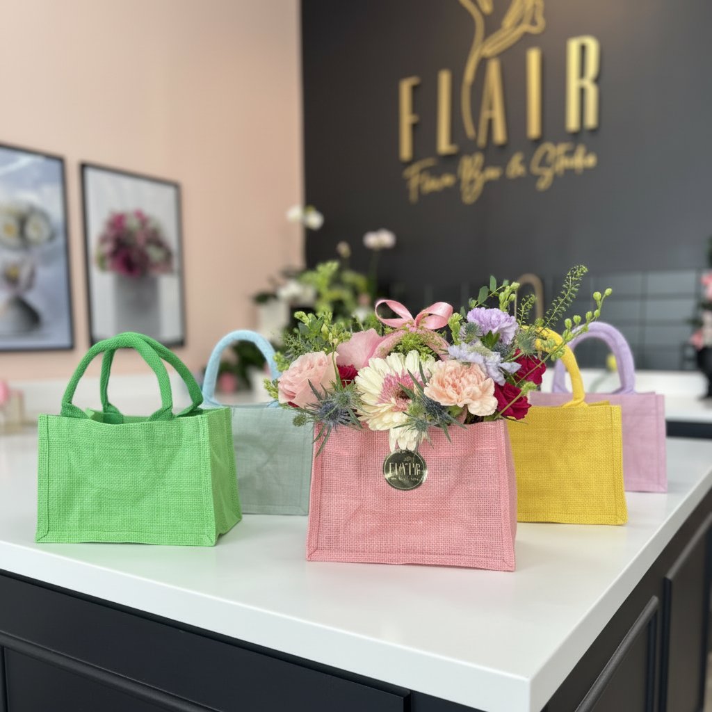 Colorful bags with flowers on a counter in front of a 'Flair' branded wall in Florence, Kentucky