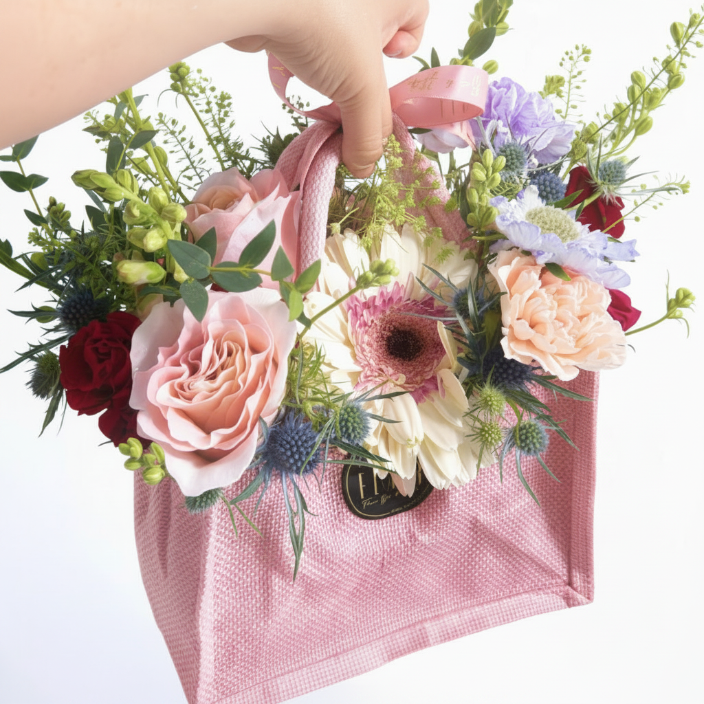Our La Petite Tote Arrangement is a charming, ready-to-gift arrangement hand-arranged in a darling jute tote – a little statement of Flair in every detail