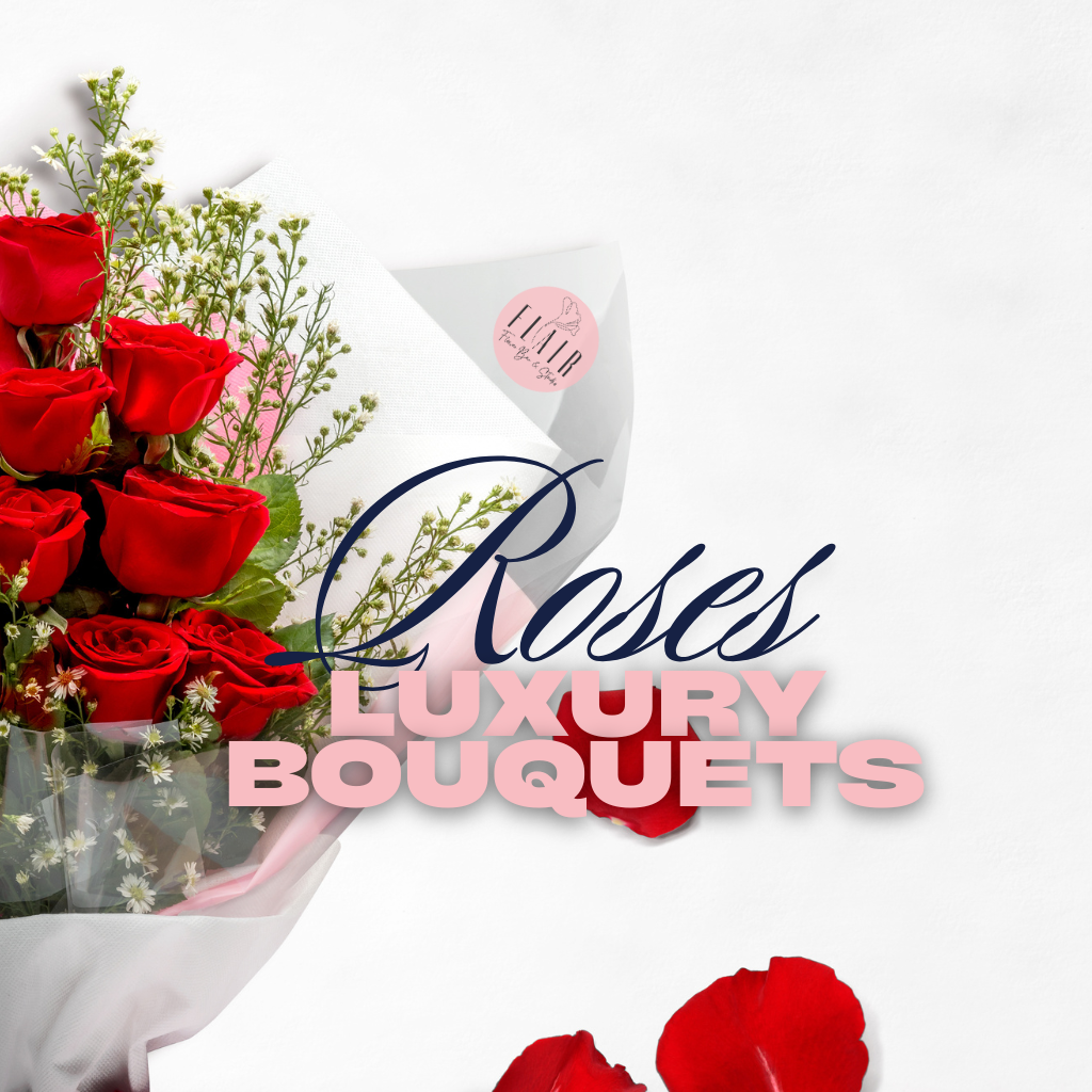 Bouquet of red roses with 'Luxury Bouquets' text on a white background