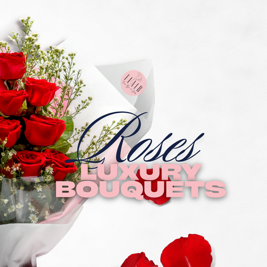 Bouquet of red roses with 'Luxury Bouquets' text on a white background