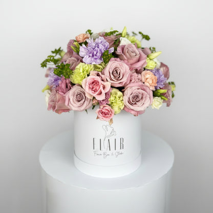 Floral arrangement in a white box for delivery in Cincinnati from Flair Flower Bar & Studio