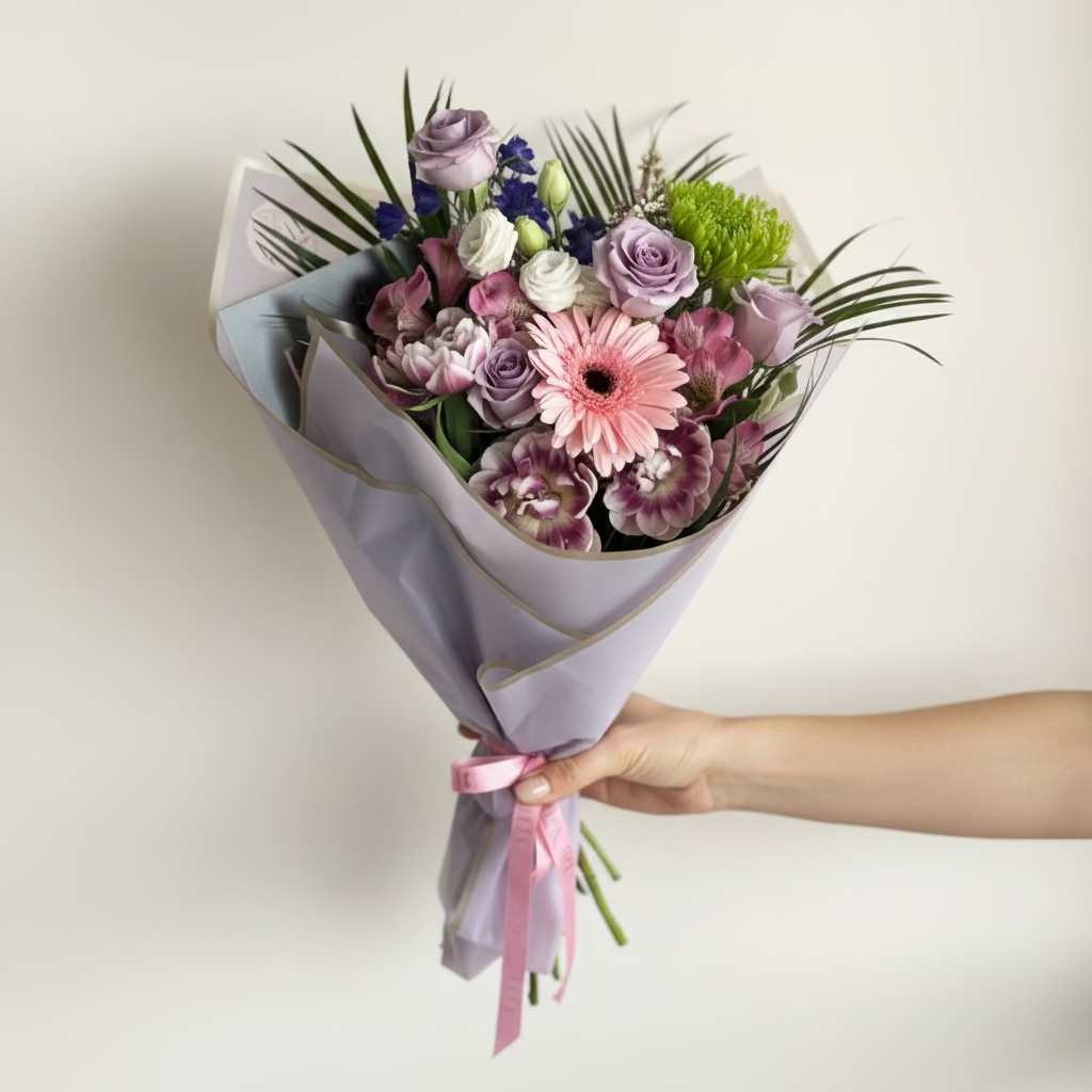 Bouquet of flowers held by a person with a neutral background in Florence, Kentucky