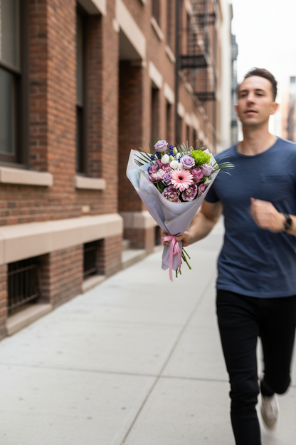 A man jogging down a city sidewalk while holding a wrapped bouquet of pink, purple, and green flowers. The background shows blurred brick apartment buildings.