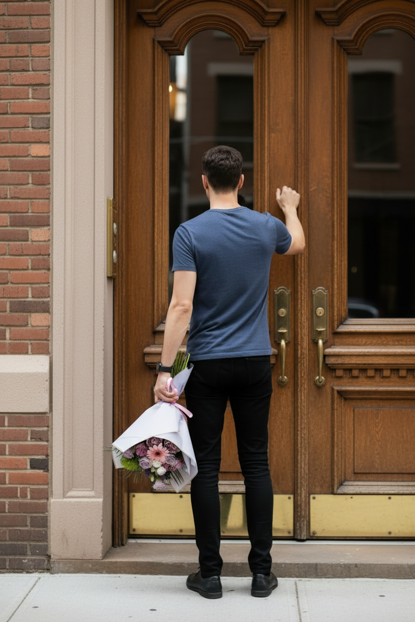 A man viewed from behind stands in front of a large brown wooden door, holding a wrapped bouquet of pink and purple flowers. He is wearing a blue-gray t-shirt, black pants, and black shoes, with a brick building visible to the left.