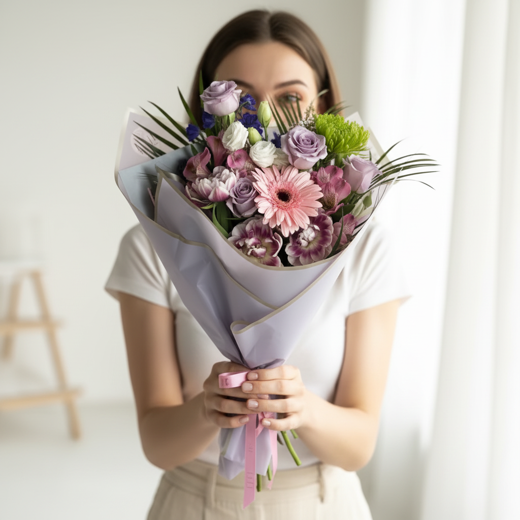 A woman in a white t-shirt holds a large bouquet of purple, pink, and green flowers wrapped in light lavender paper, partially obscuring her face in a bright indoor setting.