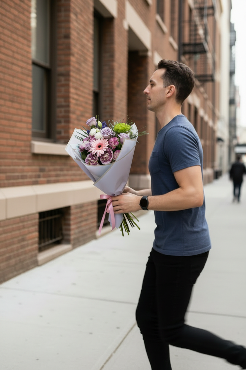 A man in a blue t-shirt and black pants walks along a city sidewalk holding a wrapped bouquet of pink, purple, and green flowers, with brick apartment buildings in the background.