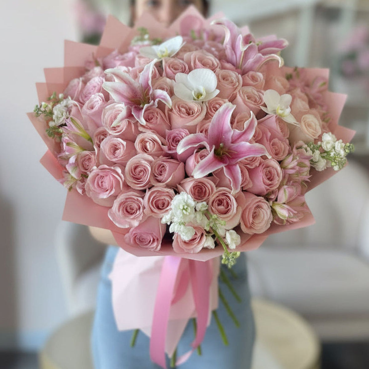 Luxury pink rose bouquet handcrafted by Flair Flower Bar & Studio in Florence, Kentucky