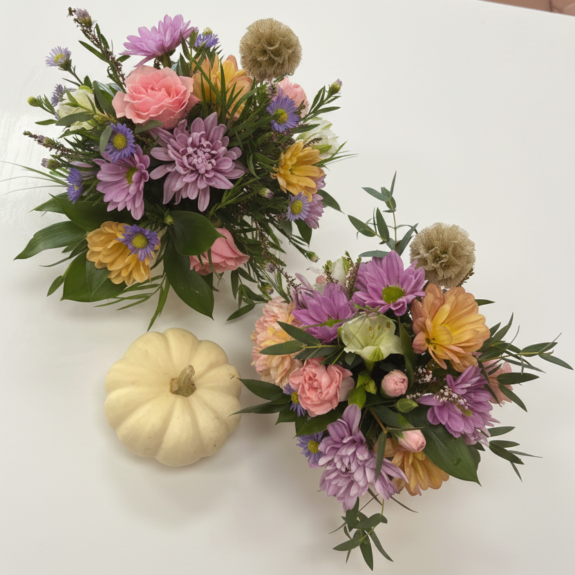 Two floral pumpkin arrangements with purple, pink, yellow, and green flowers displayed on a white table next to a small white pumpkin.