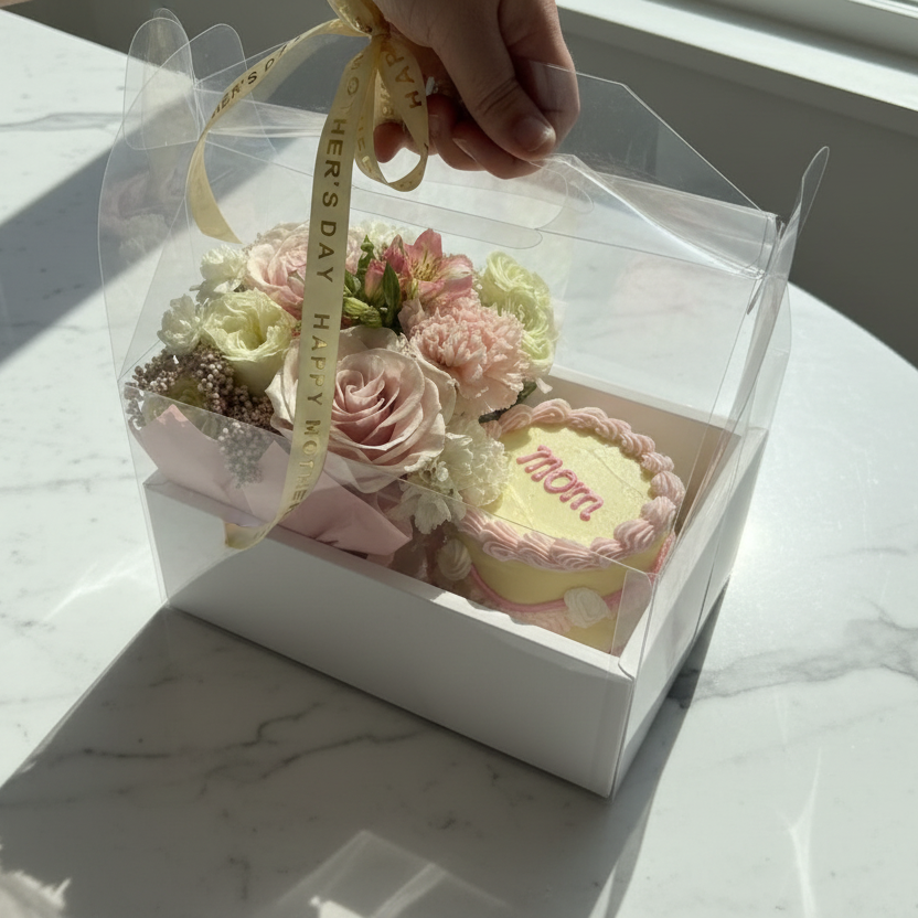 Mother's Day Gift box with flowers and a small cake on a marble surface for Florence and Cincinnati pickup or delivery