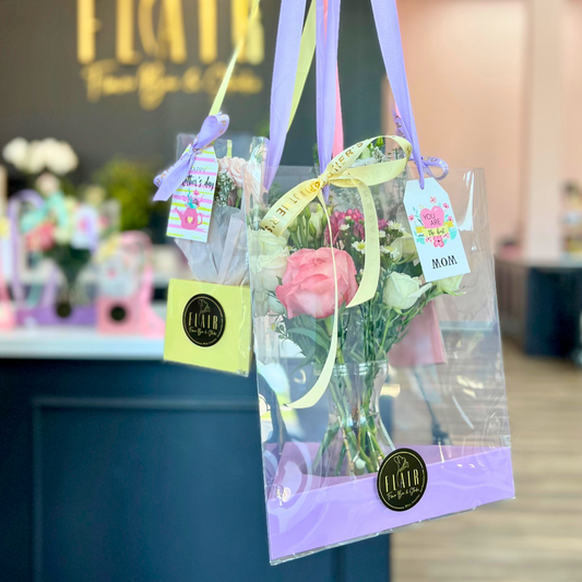 Mother’s Day flower tote with large vase arrangement inside clear gift bag