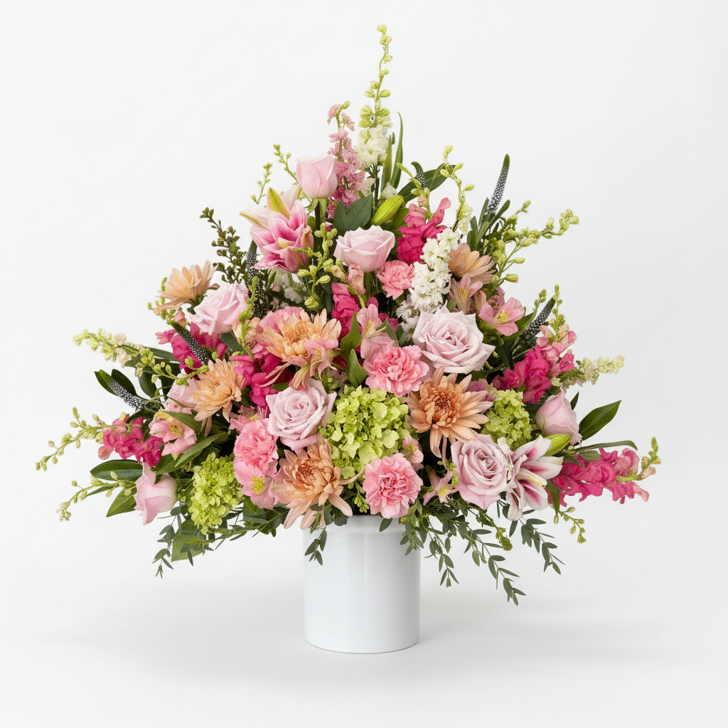 Funeral arrangement of pink, green, and white flowers in a white vase on a white background