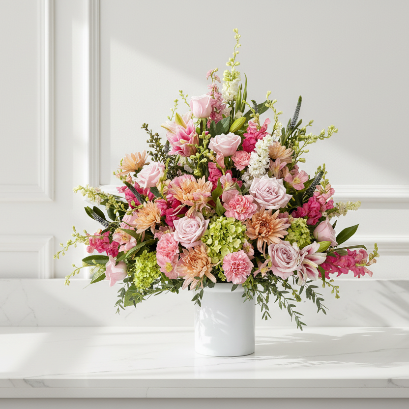 Funeral Sympathy Arrangement of pink and green flowers in a white vase on a light-colored surface.