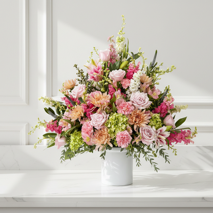 Funeral Sympathy Arrangement of pink and green flowers in a white vase on a light-colored surface.