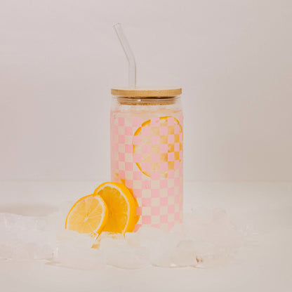 Pink Checkered 17 oz Can Glass w/ Straw and Lid - Decor - Flair Flower Bar & Studio