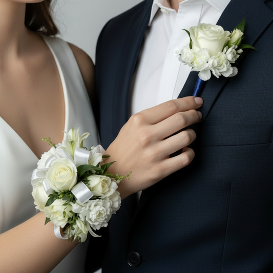 Person in a white dress holding a floral wrist corsage next to a person in a dark suit with a floral boutonniere for prom or homecoming in Union, Kentucky 