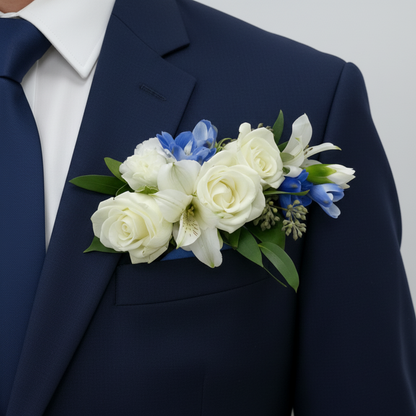 Navy suit with a white and blue floral boutonniere on a plain background for prom in Florence Kentucky 