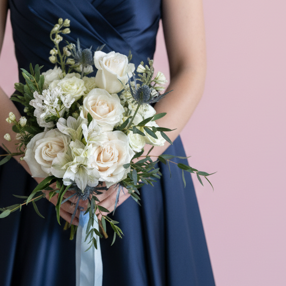 Person holding a prom bouquet of white flowers against a pink background for Florence Kentucky High School Dance