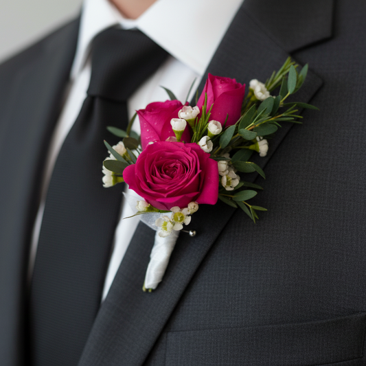 Floral boutonniere on a suit lapel with pink roses and greenery for prom or homecoming in Florence or Burlington Kemtucky