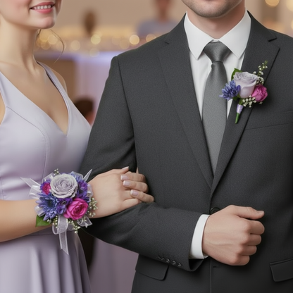 Man in a suit with a floral boutonniere and woman in a dress with a matching corsage, blurred background