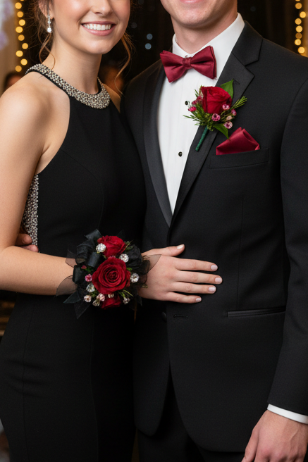 Prom_Corsage_in_Black_and_Red_Homecoming flowers By Flair Flower Bar 