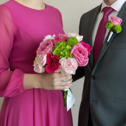 Person in a pink dress holding a bouquet of flowers next to a person in a suit with a matching pink flower for formal dance in Florence, Kentucky 