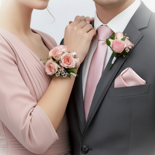 Man in gray suit with pink tie and pocket square, woman in pink dress with floral wrist corsage, on white background for prom or wedding flowers in Cincinnati
