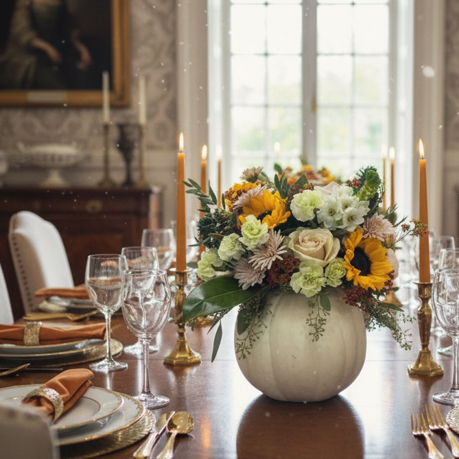 Dining table set with floral centerpiece, candles, and elegant tableware in a classical room.
