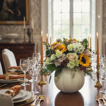 Dining table set with floral centerpiece, candles, and elegant tableware in a classical room.