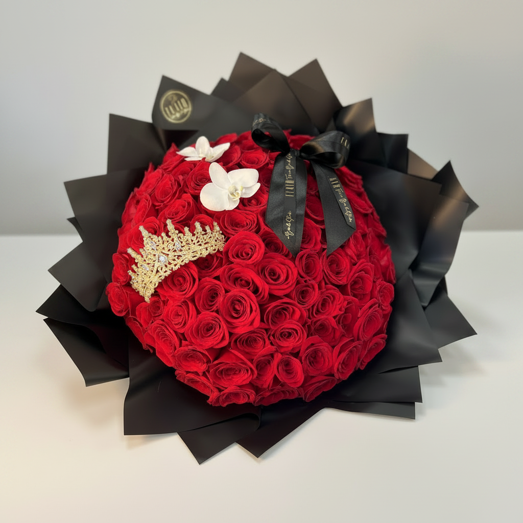 Large Rose bouquet arrangement of red roses with black wrap and bow with tiara on a white surface.