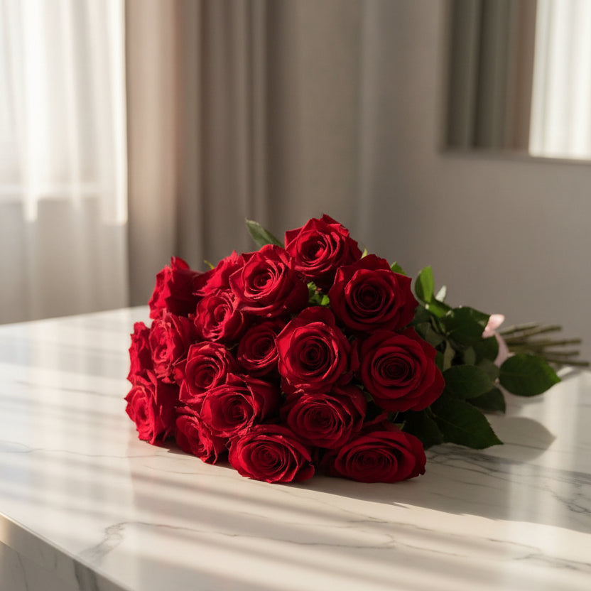 Bouquet of red roses on a for engagement proposal or anniversary celebrations. 