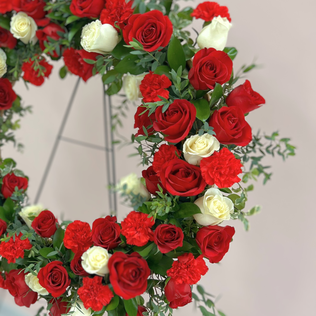 Funeral Wreath with Red and White Flowers