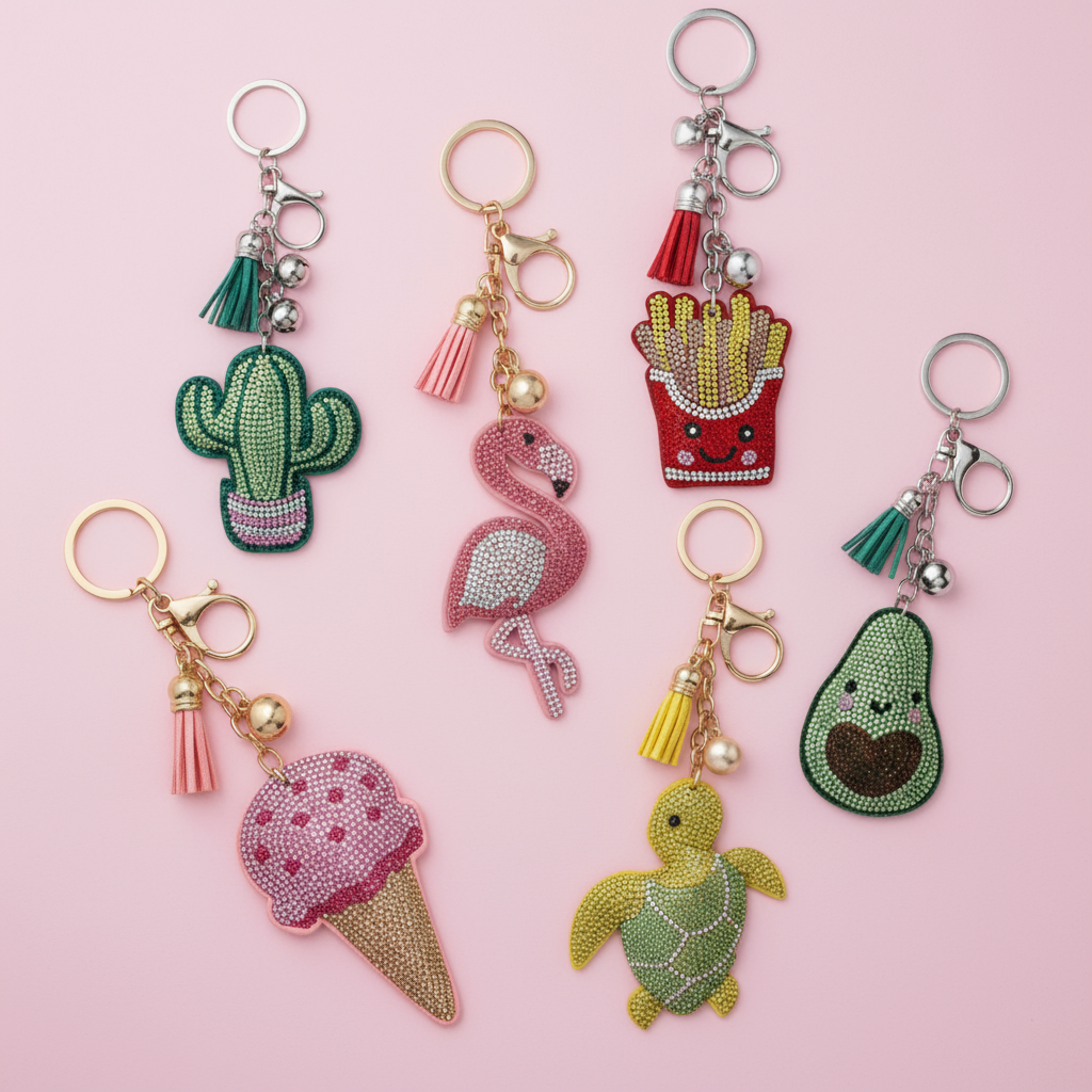 Set of colorful keychains with various designs on a pink background