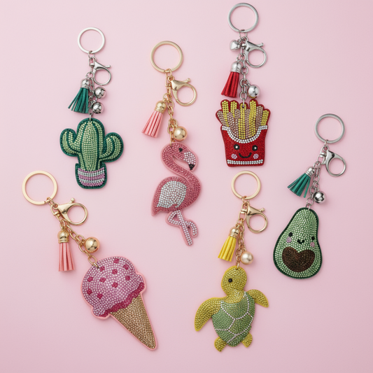 Set of colorful keychains with various designs on a pink background