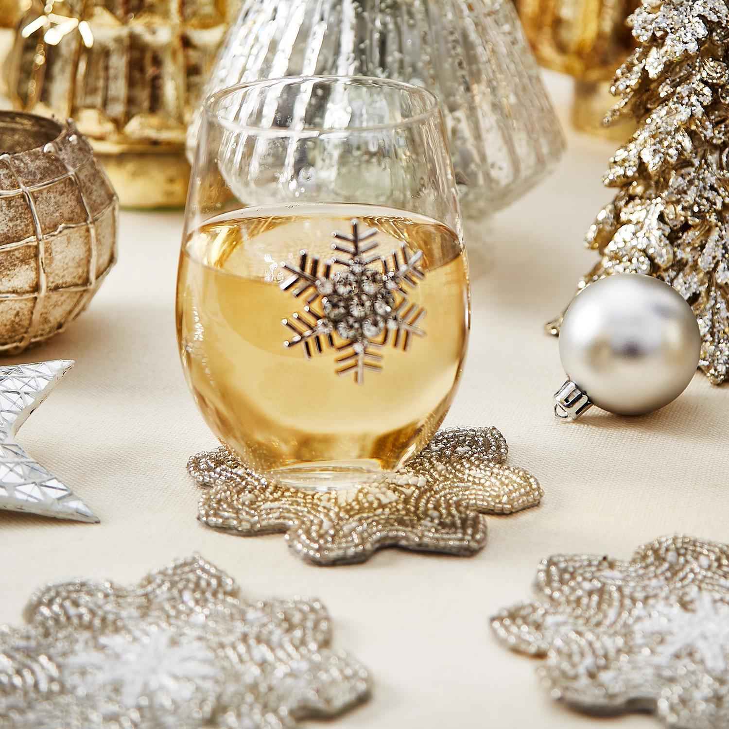 Shimmering Snowflake Set of 4 Hand-Beaded Embroidery Coasters