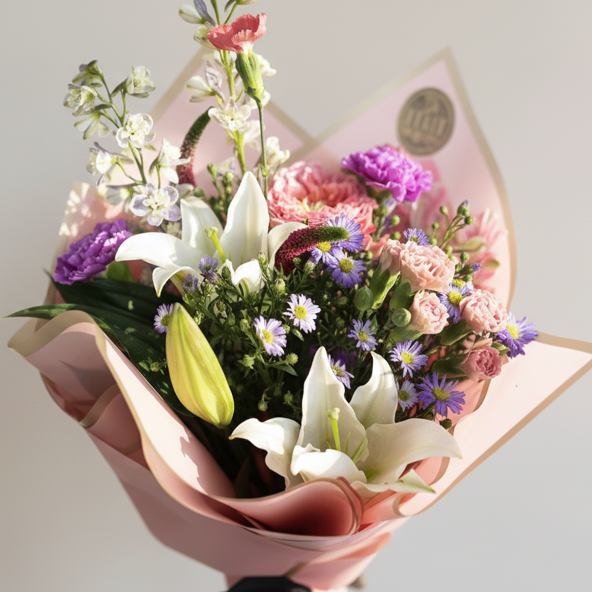 Bouquet of flowers wrapped in pink paper against a light background