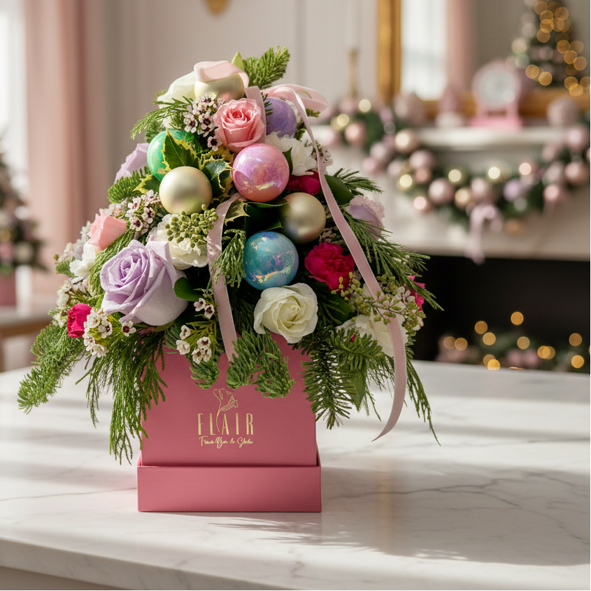 Decorative floral arrangement tree with colorful christmas ornaments in a pink box on a marble surface.