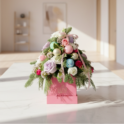 Decorative christmas floral arrangement with colorful ornaments in a pink box on a white surface.