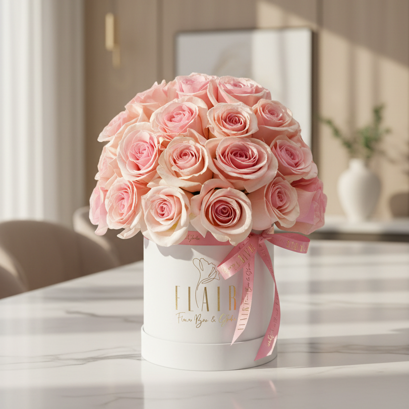Signature Rose Box – Luxury pink roses in an office conference room