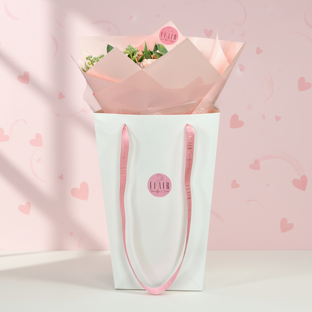 Bouquet of valentine flowers in a white and pink gift bag on white floor with heart backdrop for delivery throughout Northern Kentucky and Cincinnati