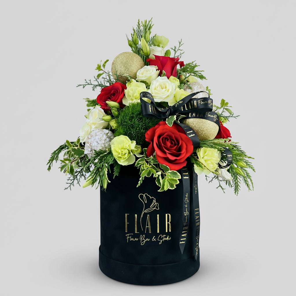 Floral arrangement in a black container with 'Flair' branding on a white background