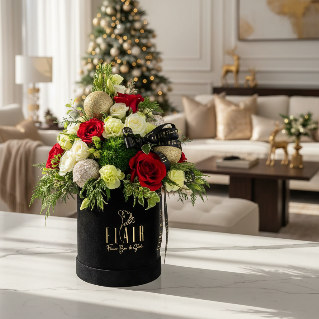 Floral arrangement in a black box with 'Flair' branding in a living room setting.