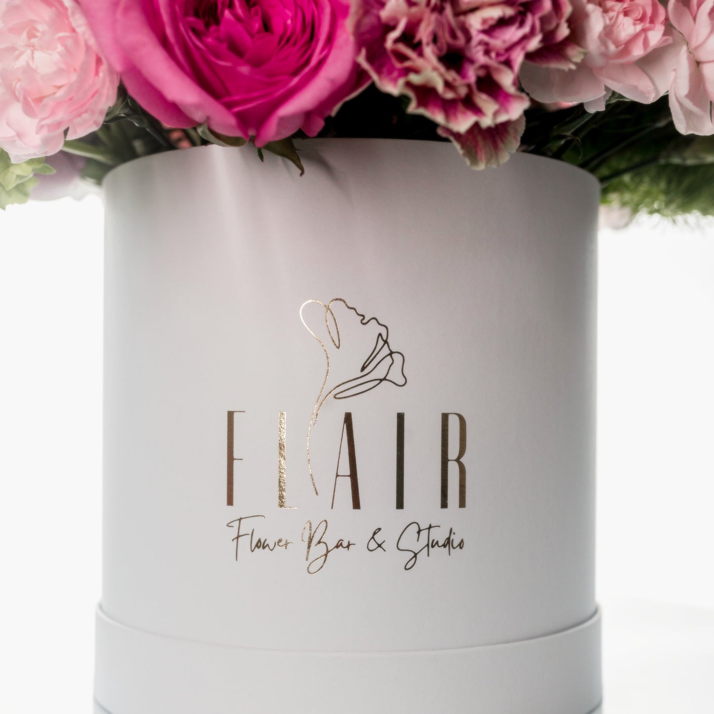 Floral arrangement in a white luxury signature box with Flair Flower Bar & Studio branding in Florence, Kentucky