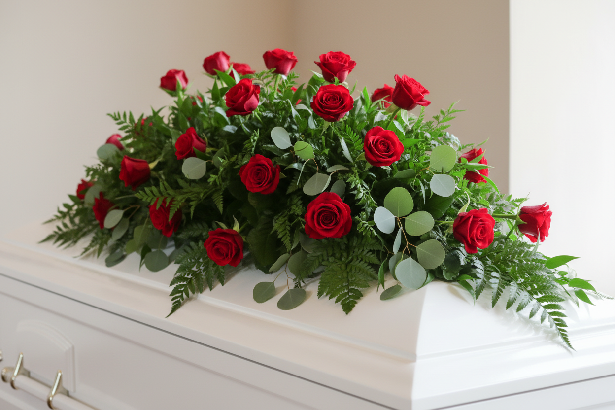 Funeral Spray of red roses on a casket surface with a neutral background for Cincinnati delivery