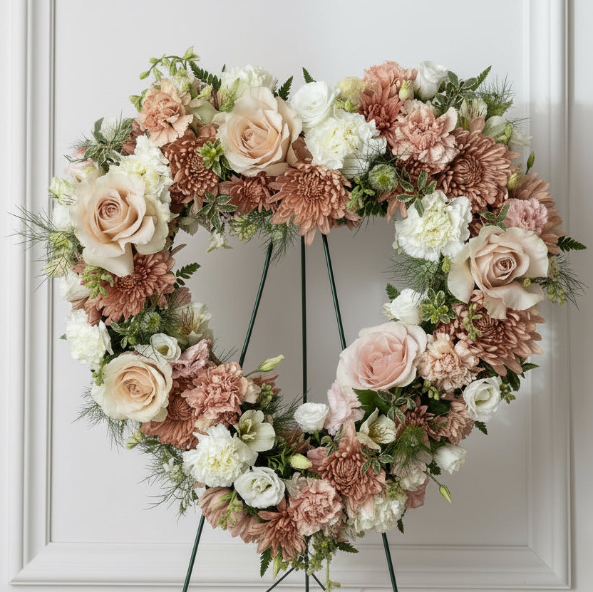 Heart-shaped Sympathy floral arrangement with blush pink, peach, cream, and white flowers with green foliage, displayed on a black metal stand for Cincinnati and Florence, Kentucky local funeral delivery